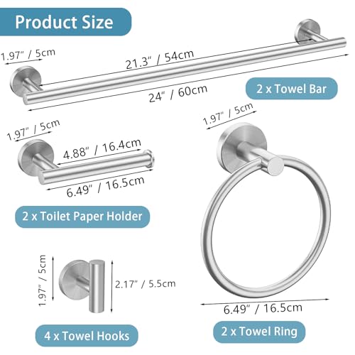 Newfun 10-Pieces Bathroom Hardware Set, Includes 24 Inch Towel Racks for Bathroom Wall Mounted, Toilet Paper Holder, Towel Hooks for Bathrooms, Towel Rings for Bathroom Wall (Brushed Nickel) - color: Brushed Nickel-ring