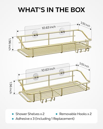 Nieifi Shower Caddy Shelf Storage Rack Adhesive Without Drilling Stainless Steel with Hooks for Washroom, Lavatory, Restroom, Toilet, Bathroom, Kitchen - 2 Pack, Golden - color: Gold, size: 2 Pack