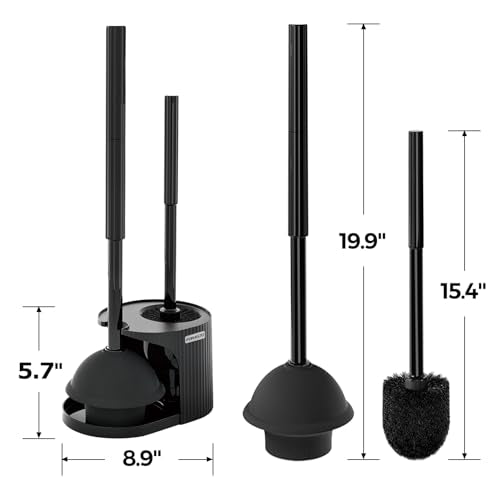 FORASTO 2Pack 2 in 1 Toilet Brush and Plunger Set, Extended Handle Plunger,Toilet Bowl Brush Plunger Set,Bathroom Cleaning Tools,Toilet Brush Plunger Combo,Cleaning Supplies，Bright Black(19.9inch)