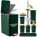 XLHOMO Bathroom Set Bathroom Accessories Set 8 Piece Green and Gold Bathroom Set, Bathroom Sets with Stainless Steel Trash Can,Toilet Brush,Toothbrush Set,Soap Dispenser - size: Hunter Green, style: Bath Set