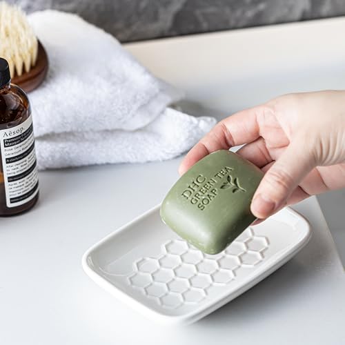 Gomakren Soap Dish for Shower, Ceramic Bar Soap Holder with Honeycomb Design, Soap Saver Tray for Bathroom Kitchen Sink, Sponge & Organizer Tray, Upscale Look, 5.5 Inch, White - color: White, size: Honeycomb