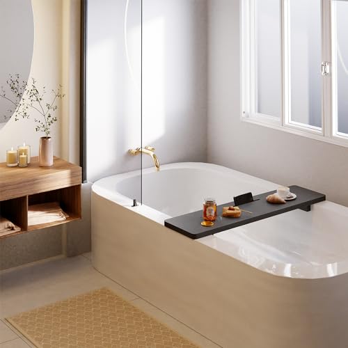 TINAMO 35" Acacia Wood Bathtub Tray, Adjustable Feet with Accessory Holders | Adjustable Width, Lightweight, 35" x 9" x 2.5", Anti-Tipping, Phone/Tablet Stand, Beverage Holder, Beveled Edge Design, Black - color: Black, size: 35" x 9" x 2.5"