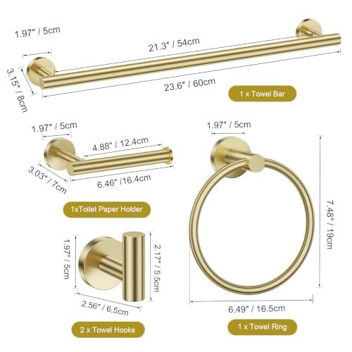 TURS Brushed Gold Bathroom Hardware Set 5 Piece, SUS304 Stainless Steel Bath Towel Bar Set, 24 Inch Bathroom Accessories Kit Wall Mounted - color: Brusehd Light Gold