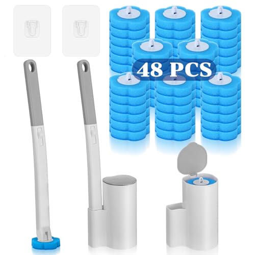 2 Pack Disposable Toilet Brush and Holder Set, Extended Handle Toilet Bowl Cleaner Wand with 48 Refills Replacement Heads Pads Bathroom Maintenance Bathtub Stick Cleaning System Starter Kit