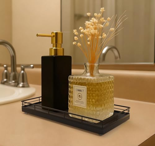 Bathroom Vanity Tray for Countertop, 12" x 6" Oak Wood Toilet Tank Tray | Metal Guardrail, Bathroom Organizer for Soap, Perfume & Skincare, Non-Slip Decorative Tray for Dresser & Vanity, Black - color: Black, size: 12" x 6" x 1.5"