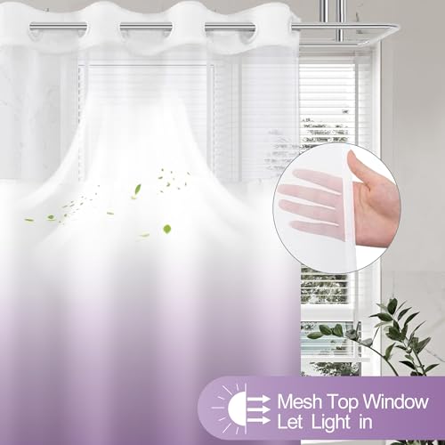 No Hook Shower Curtain with Snap in Liner, Ombre Purple Shower Curtains and Liner Set, Hotel Fabric Bath Curtain for Bathroom, Mesh Top Window Waterproof Washable, 71" x 74" - color: Ombre Purple, size: 71"W x 74"L (Pack of 1)