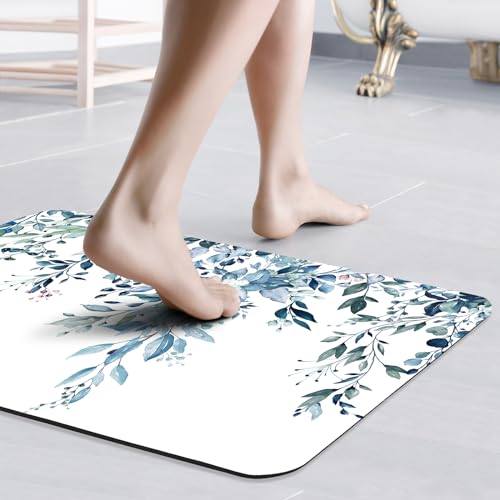 Gibelle Eucalyptus Leaves Bath Mat Rug Set 2 Piece, Super Absorbent Quick Dry Bathroom Rug Set, Non Slip Rubber Backed Bathroom Floor Mat for Tub Shower Sink (17"x24"+17"x24", Blue) - color: A003, size: 17" x 24" (2pcs)
