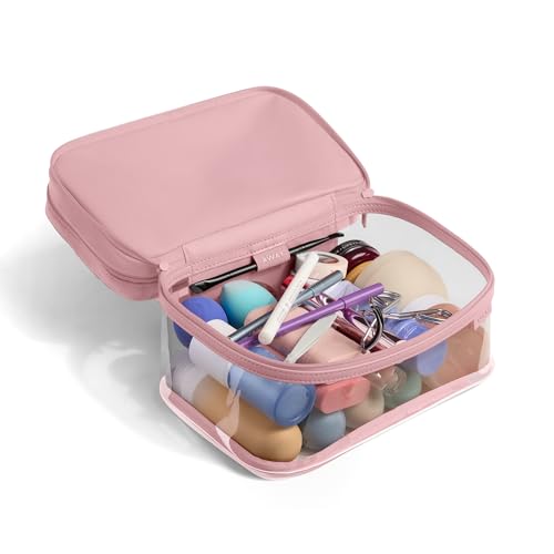 Away Clear Cosmetic Case - Water-Repellent Transparent Cosmetic Bag with 2 Compartments, Brush Holder, Interior Zip Pocket - Blush Pink - color: Blush Pink