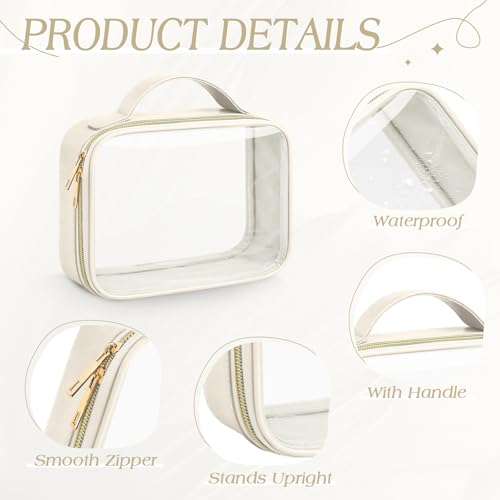 Abbylike 6 Pcs Clear Makeup Bags Bulk 7.9 x 5.9 x 2.4 Inches Quart Size Approved PU Leather Toiletry Bag with Handles Small PVC Clear Travel Cosmetic Case for Women Wedding Bridal Gifts(Beige) - color: Beige