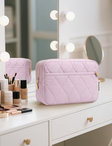 Noozion Makeup Bag Travel Toiletry Bag, Puffy Padded Cosmetic Bag for Women, Makeup Organizer Case, Wide-open Pouch Purse, Travel Essentials - color: Purple