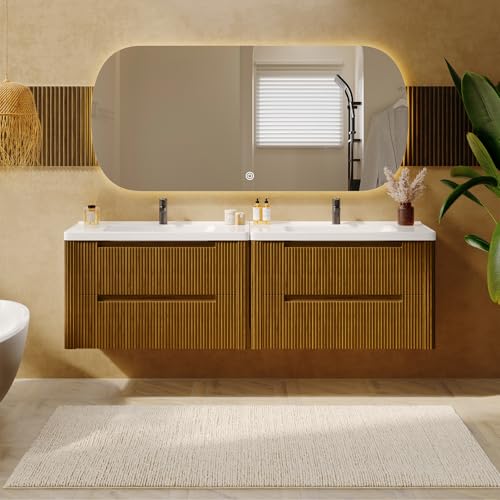 ONBRILL Modern Bathroom Vanity with Sink Combo, Curved Floating Bath Vanity with 2 Drawer, Wall Mount Bathroom Vanities with Integrated Ceramic Sink for Small Space, Apartment (Walnut, 24") - color: Walnut, size: 24"