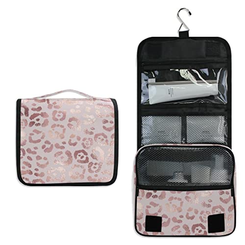 senya Hanging Travel Toiletry Bag Kit Makeup Case Cosmetics Organizer for Men Women - color: Leopard Print Cheetah Rose Gold