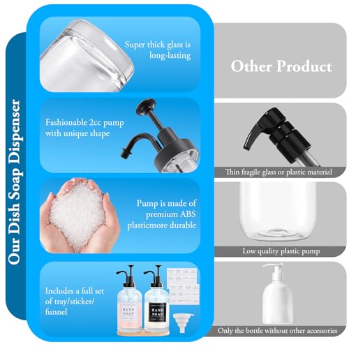 Glass Soap Dispenser with Pump,Tray,Funnel, Countertop Soap and Lotion Dispenser Set of 2, Dish and Hand Soap Dispenser Bottle for Kitchen,Bathroom,Shower, with 60 Stickers, 500ml/16.9oz - color: Blk-5010-2b