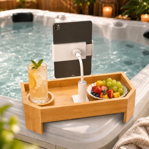Vespara Bamboo Hot Tub Tray Table with Adjustable Phone Holder, Non Slip Hot Tub Table Spa Gifts for Women, Bathtub Canddy Tray with Wine Glass Holder Tray for Luxury Bathtub& Bathroom Accessories - color: Bamboo