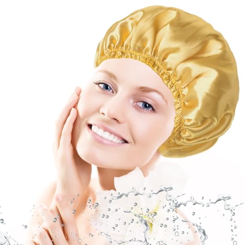 4 PCS Shower Cap for Women, Elastic and Reusable Bath Caps, Double Layers Shower Caps Reusable Waterproof, Bathing Shower Caps, Environmental Bath Hair Protection Cap -Gold+Green+Silver Gray+Brown - color: Gold+Green+Silver Gray+Brown