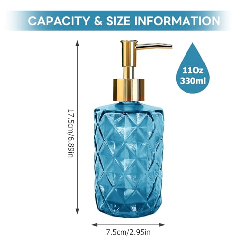 Blue Glass Soap Dispenser, Bathroom Shower & Shampoo Dispenser, Foam Hand Soap Dispenser with Gold Pump,11Oz/330ml Refillable Kitchen Dish Soap Bottle for Home Hotel - color: Blue&gold