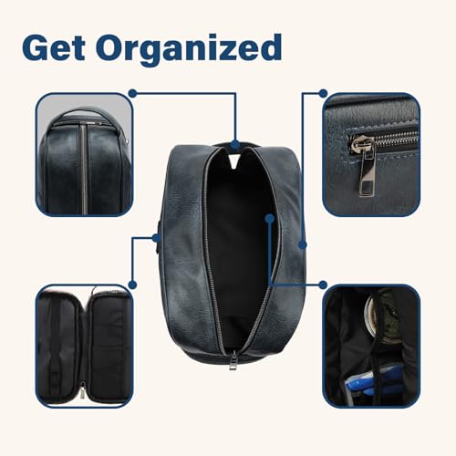 emissary Leather Travel Toiletry Bag for Men, Dopp Kit - Blue | Water-resistant leather, large capacity + organizer pockets; refined men's travel Dopp kit, carry-on ready - color: Blue