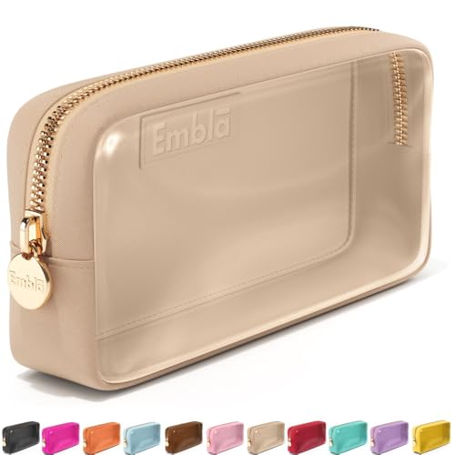 Embla Clear Cosmetic Bag Makeup Case, Clear Zipper Make Up Pouch and Toiletry Travel Tote, Cute Skincare Pouches for Women Girls, Preppy Purse Cosmetic Organizer, Small Makeup Bags, Sand | Small Tan Clear Nylon/PVC Cosmetic Bag with Zipper, Waterproof Bea
