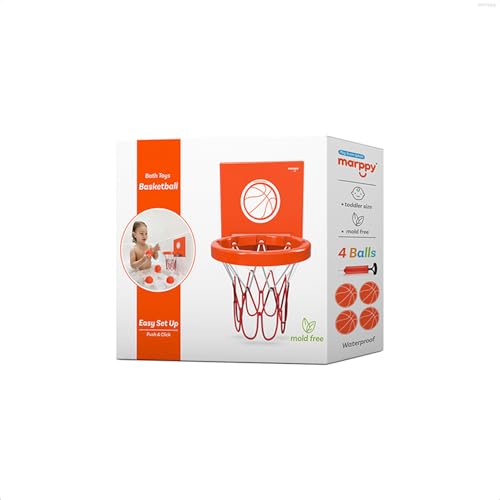 MARPPY Bath Toys - Bathtub Basketball Hoop for Kids, Toddlers - Suction Cup Basketball Hoop and 4 Soft and No Hole Balls - Baby & Toddler Mini Basketball Hoop - Boys & Girls - color: Orange 4 Balls (With Stripes)