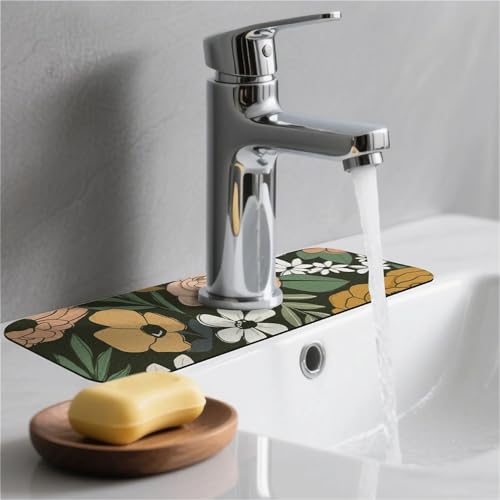 Kitchen Sink Splash Guard，Vintage Large Floral Faucet Mat Sink Gadgets-Super Absorbent Fast Drying Mat Drip Catcher for Kitchen, Bathroom,Sink Mat, Dish Drying Mat, Bathroom(15" X 5.5" ) - color: Vintage Large Floral