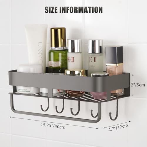 Extended version Adhesive Shower Caddy, 15.7 inch Stainless Steel Shower Shelves for Inside Shower with Hooks & Towel Bar-No Drilling(Gun Gray) - size: 15.7inch-1Pack-Adhesive Gun Gray