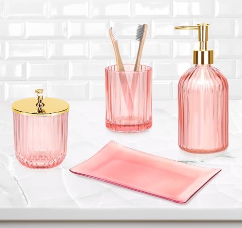 Haturi Bathroom Accessories Set, 4 Pcs Pink Glass Bathroom Accessories Sets Complete w/Lotion Soap Dispenser, Toothbrush Holder, Apothecary Jar, Vanity Tray, Bathroom Decor, Gift for Home Apartment - style: Pink