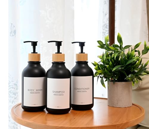 Frosted Plastic Shampoo and Conditioner Bottles, Apothecary Dispenser Bamboo Pump, Refillable Bottles for Shower Lotion, Oil, Hand Soap, Sanitizer, Liquid Soap, Set of 3 with 9 Labels (3, Matte Black) - color: Matte Black