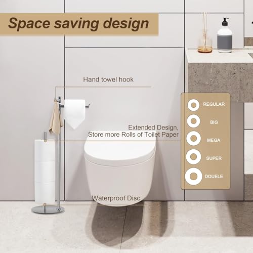 BVL Freestanding Toilet Paper Holder with Hook, Polished Chrome Stainless Steel Weighted Toilet Paper Holder Stand, Bathroom Freestanding Toilet Paper Holder Holds 5 Rolls - color: Chrome