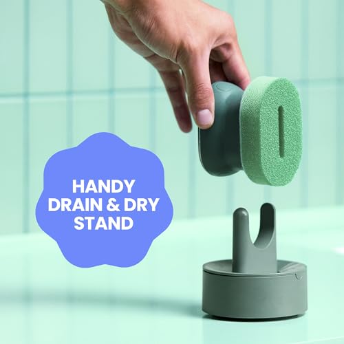 Brite by Scotch-Brite Palm Scrubber with Drain + Dry Stand, Household and Kitchen Sponge for Washing Dishes with Comfy Grip, 1 Scrub Sponge with Soap Dispenser - style: Palm scrubber