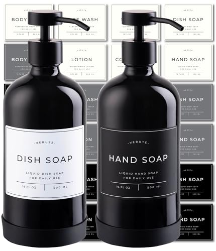 Hand and Dish Soap Dispenser for Kitchen and Bathroom, Set of 2 16 Oz Glass Bottles, Stainless Steel Pumps, Non-Slip Silicone Base, 27 Waterproof Labels (Gloss Black Bottle/Black Pump) - color: Gloss Black Bottle / Black Pump