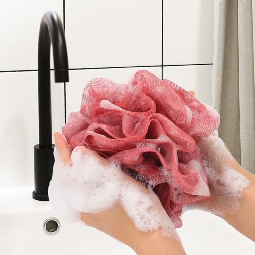4 Pack Bath Sponge, Bath Shower Loofahs Mesh Pouf Sponge Body Scrubber Exfoliator Scrubber - 50g/Piece - color: Beige,blue,green,red - 4 Pcs