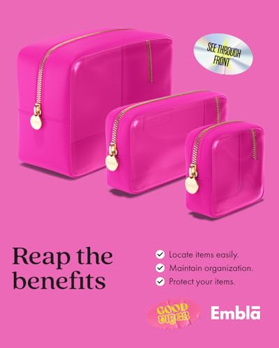Clear Cosmetic Bags Set of 3, Mini Small Large Makeup Bags For Women Clear Pouch Cosmetics Cases Zipper Cute Pouches Make Up Travel Toiletry Essentials Preppy Purse Organizer Makeup Cases, Fuchsia | Large, Medium & Small Clear Nylon/PVC Cosmetic Bags with