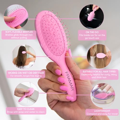 FRAMAR Mini Hair Brush Detangler – Mini Brush For Hair, Small Travel Hair Brush For Women, Travel Hairbrush Detangler, Compact For Travel, Reduces Breakage, For All Hair Types – Matte Pink - color: Pink - Mini