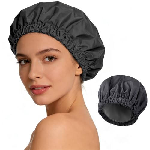 Shower Cap for Women Reusable Waterproof, Large Bath Cap with Elastic Band, Hair Caps for Long Hair and Braids, Black - color: Black