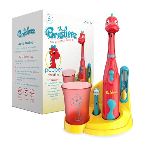 Brusheez Kids’ Electric Toothbrush Set - Safe & Effective for Ages 3+ - Parent Tested & Approved with Gentle Bristles, 2 Brush Heads, Rinse Cup, 2-Minute Timer, & Storage Base (Pepper the Dino) - color: Pepper the Dino
