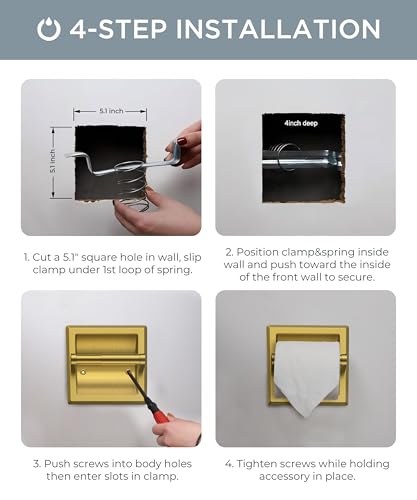 FORIOUS Recessed Toilet Paper Holder, Stainless Steel Durable Tissue Roll Holder Wall Mount for Bathroom Space Saving Design with Mounting Bracket, in Wall Toilet Paper Dispenser Insert, Gold - color: Gold