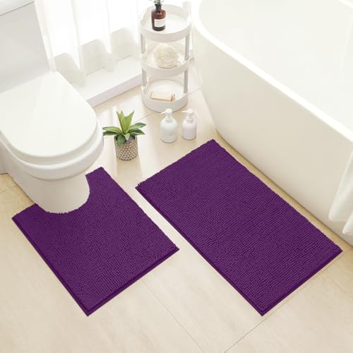 HOMEIDEAS Bathroom Rugs Set 2 Pieces, Ultra Soft Non Slip Absorbent Chenille Toilet Bath Mat Set (Purple) - color: Purple-purple, size: 1'8" x 2'8" (U Shape 20"x24"+20"x32")