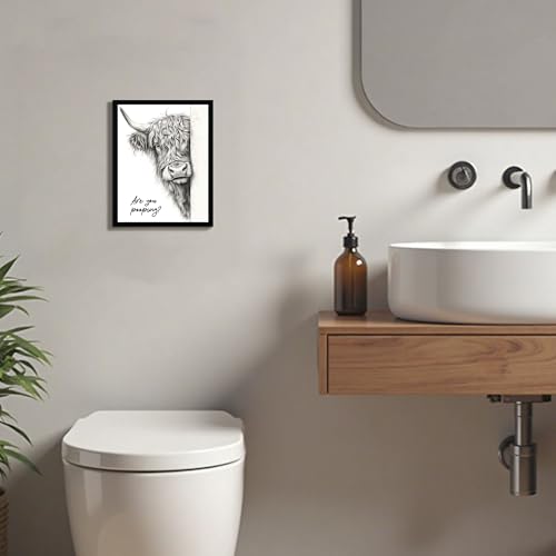 Urmoya Black and White Funny Highland Cow Bathroom Wall Art, Rustic Farmhouse Wall Decor with Humorous Are You Pooping Canvas Print, Cute Animal Art Prints Ready to Hang 8x10 Inch Wood Framed - color: Cow, size: 10"L x 8"W