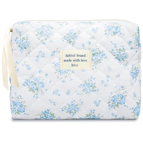 Sminra Makeup Bag Large Travel Quilted Cosmetic Makeup Bag Organizer, Floral Cotton Coquette Aesthetic Toiletry Bag for Women Girls (Blue Romantic Rose) - color: Blue Romantic Rose