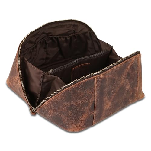 KomalC Luxury Leather Men’s Toiletry Travel Bag – Handmade Shaving Kit with Waterproof Interior, Spacious Storage & Carry Handle – leather travel Kit Bag for Men & Women (Dark Brown) - color: Dark Brown