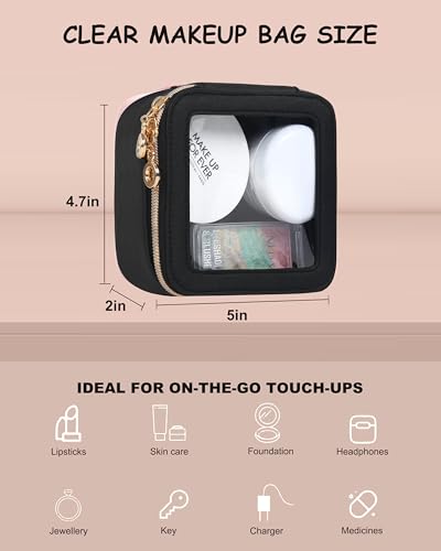Small Clear Makeup Bag for Purse, Cute Mini Clear Cosmetic Bag Case Organizer, TSA Approved Square Small Makeup Case Pouch with Zipper, Car Travel Purse Essentials for Women (Black,S) - color: Black, size: Mini