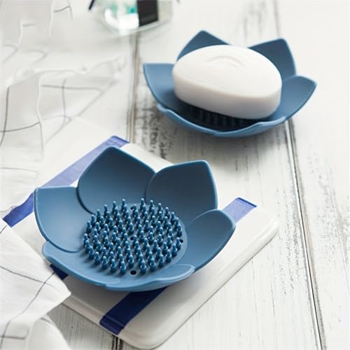 4 Pcs Lotus Flowers Soap Dish with Drain Silicone Holder Non-Slip Flexible Tray, Silicone Bar Soap Holder for Bathroom Shower