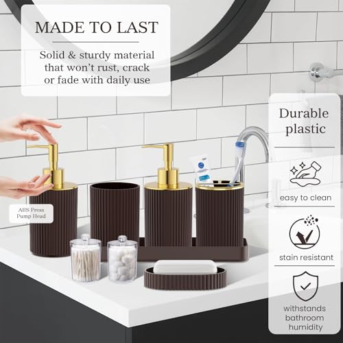 Brown Bathroom Accessories Set, 10PC Bathroom Set, Bath Accessory with Pop Up Trash Can, Soap Dispenser, Toilet Brush, Toothbrush Set Qtip Holders & Tray - color: Brown & Gold, size: 10-Piece Set (Accessories Only)