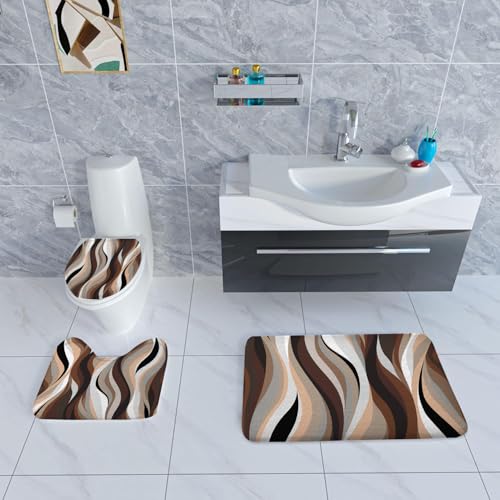 4PCS Brown Abstract Shower Curtain Set, with Non-Slip Rugs, Toilet Lid Cover and Bath Mat Stripe Black White Gray Aesthetic Art for Bathroom Bathtub Decor Accessories, 72x72 Inch - color: Brown