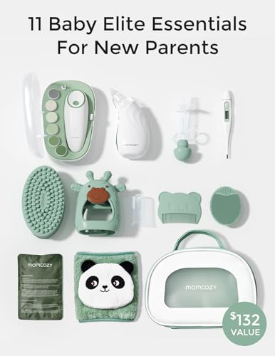 Momcozy Elite Baby Kit, Superior Baby Shower & Registry Essential Kit for Grooming & Health & Cleansing Care, Electric Nail File & Nasal Aspirator,Tummy Wrap,Thermometer,Bath Brush,Teether,Storage Bag - size: Elite Baby Kit
