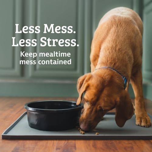 Leash Boss Waterproof Spill Guard Dog & Cat Silicone Dog Food Mat - Non-Slip Raised Edge Dog Bowl Mat - Waterproof Spill Guard Cat Food Tray - 25 x 17 in, Black - color: Black, size: XL - 25" x 17"