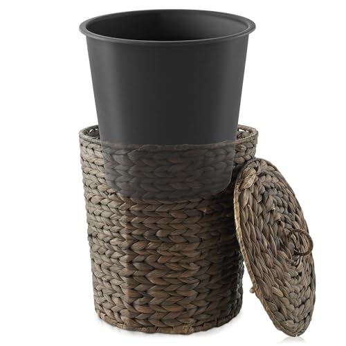 Casafield Water Hyacinth Trash Can with Lid and Liner - Espresso Brown, Woven Wicker Waste Basket for Bathroom, Bedroom, Laundry Room, Home Office