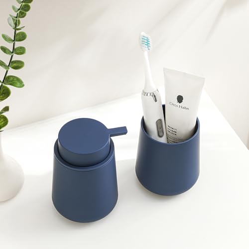YAUKPH Matte Blue Bathroom Accessories 2 Piece Set Plastic Soap Dispenser and Toothbrush Holder for Modern Bathroom Decor - color: Matte Blue