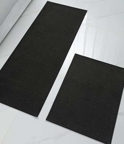 YIHOUSE Bathroom Rug Sets 2 Piece, Ultra Thin Quick Dry Bath Mat, Absorbent Bath Mat for Bathroom Non Slip Machine Washable Bath Rug (Black) - color: Black, size: 2 Pieces (Large)