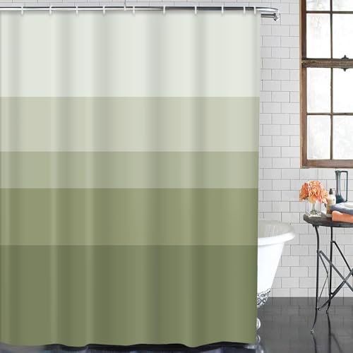 ArtSocket Green Olive Ombre Bathroom Set with Shower Curtain and Bath Rugs and Accessories, Striped Modern Neutral Non-Slip, 72" L x 72" W Curtain, 23.6" L x 15.7" W + 19.7"x 31.5" Rugs, 3 Pcs - color: Green Olive Ombre